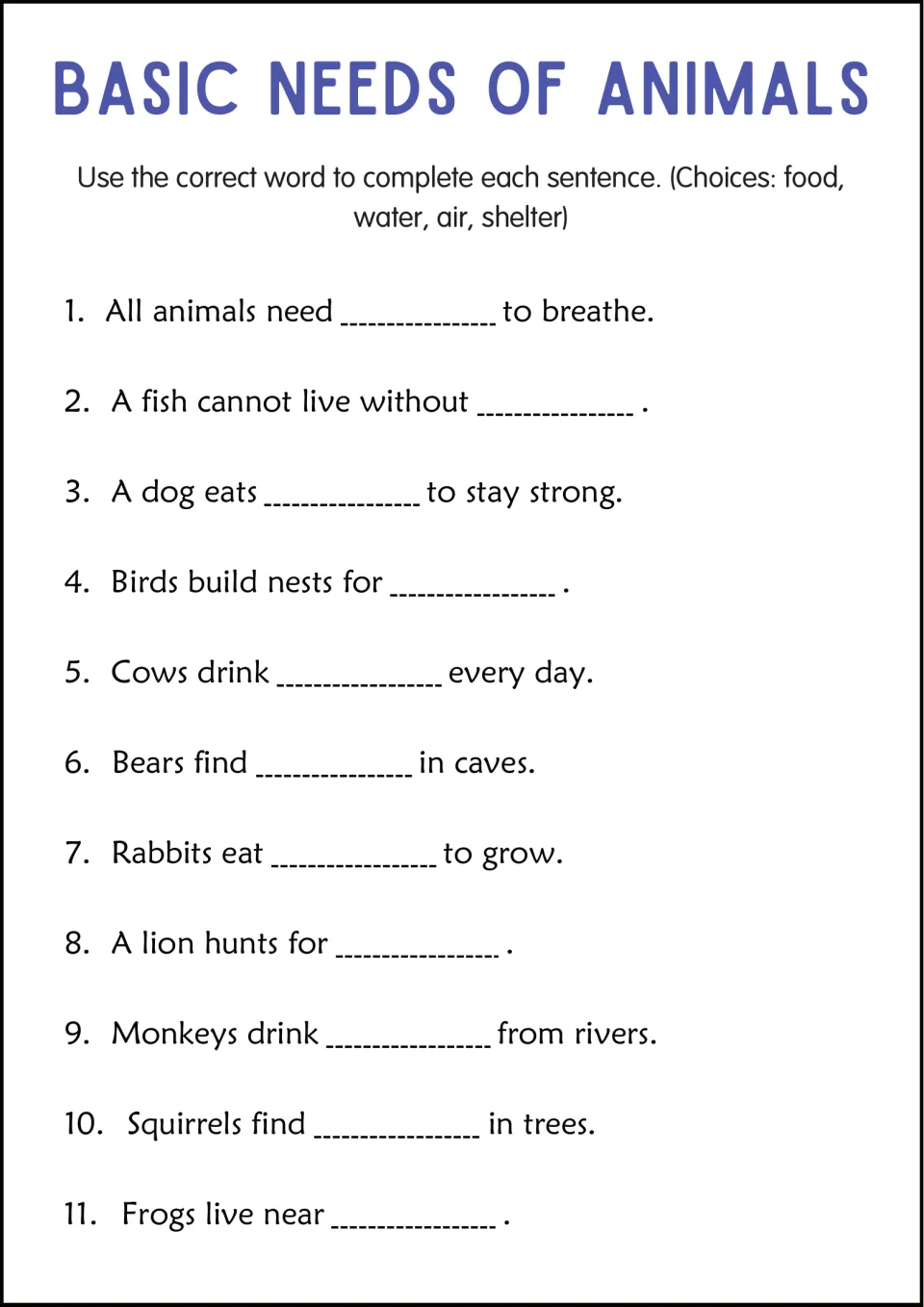 Word bank cloze: students fill in food, water, air or shelter to complete 11 sentences such as 'Bears find ___ in caves.'
