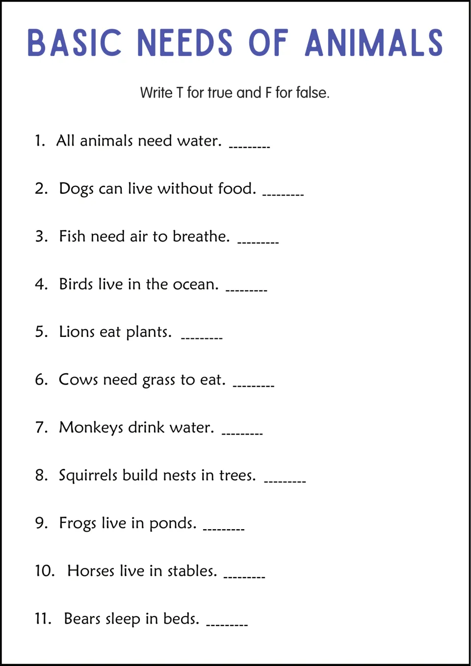 True or false on animal needs: students write T or F for 11 statements such as 'Lions eat plants' and 'Frogs live in ponds'