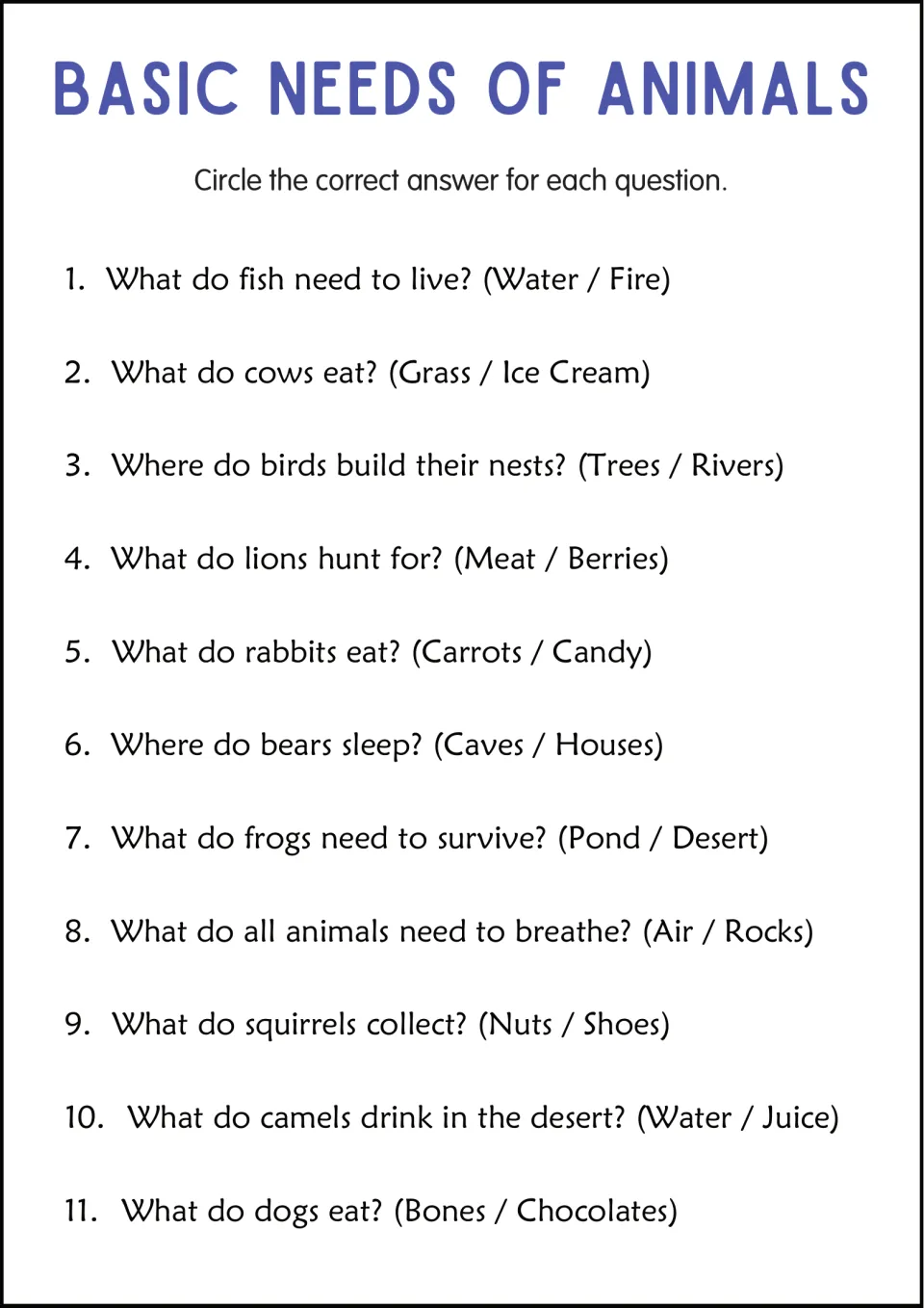 Animal needs multiple choice: students circle the answer to 11 questions, such as whether cows eat grass or ice cream