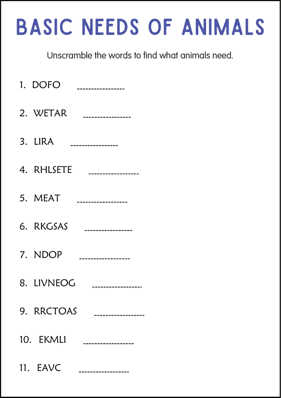 Word scramble of animal needs: students unscramble 11 words such as DOFO, WETAR and RHLSETE into food, water and shelter