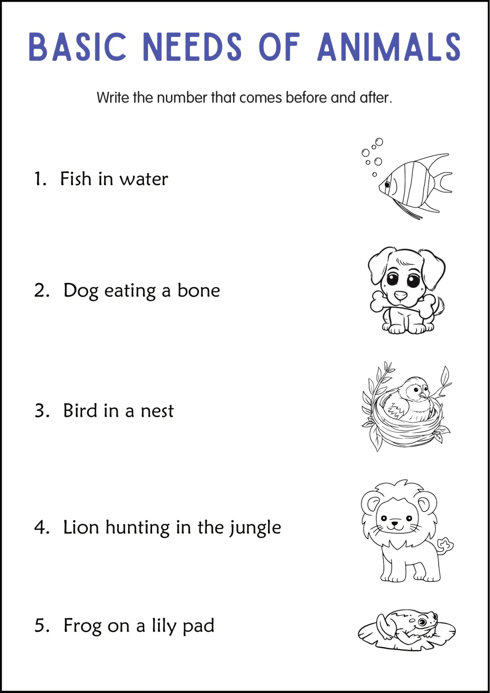 Animals and their needs: 5 labelled line drawings, including a fish in water, a dog with a bone and a frog on a lily pad