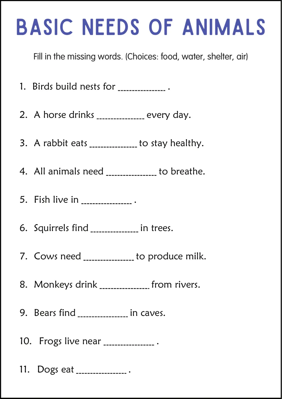 Fill in the missing words: students choose food, water, shelter or air for 11 sentences, from nests to cows making milk