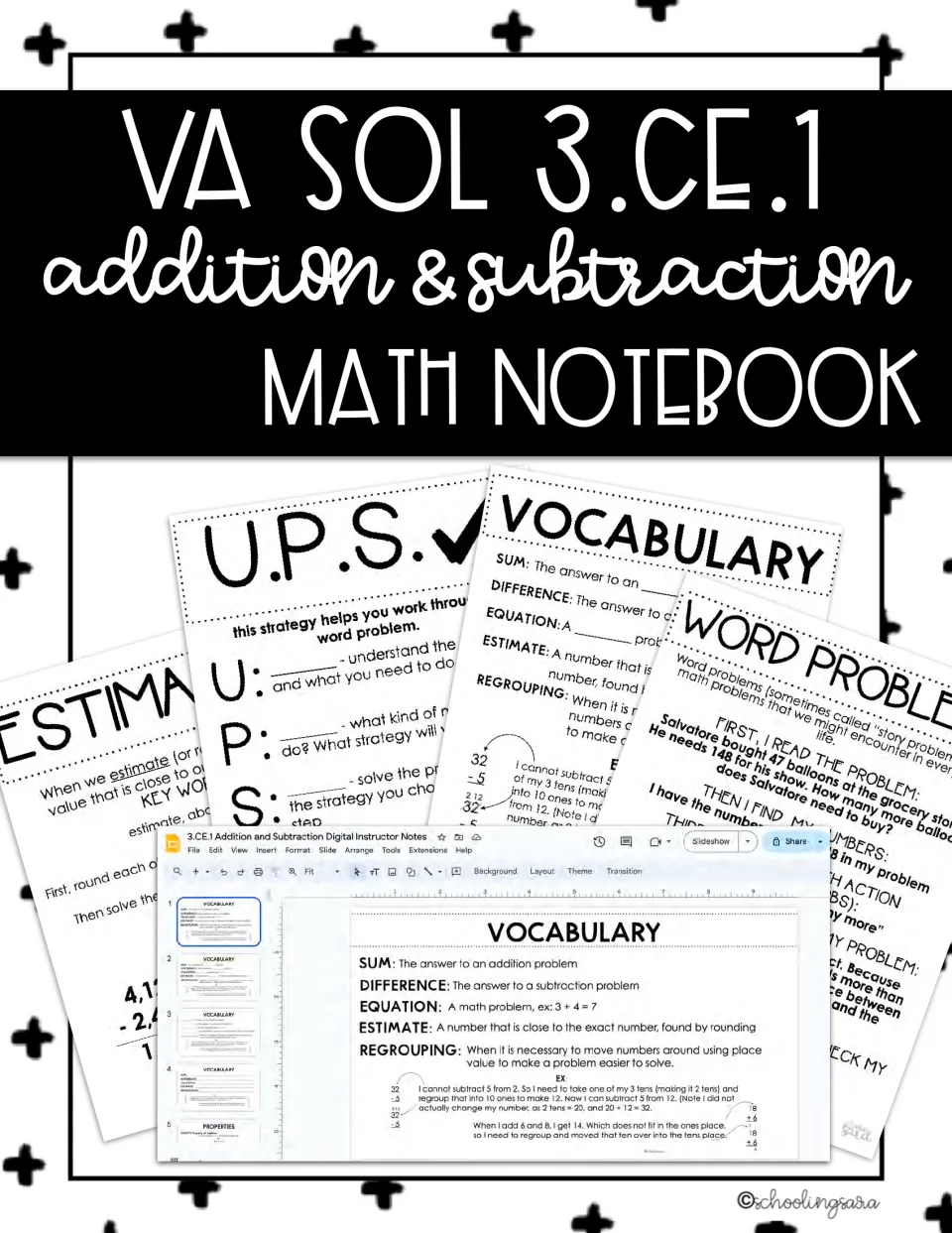 VA SOL 3.CE.1 addition and subtraction math notebook cover showing vocabulary, UPS check, estimate and word problem pages