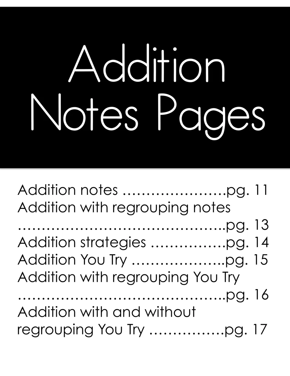 Addition Notes Pages divider listing addition notes, regrouping notes, strategies and You Try practice pages 11 to 17