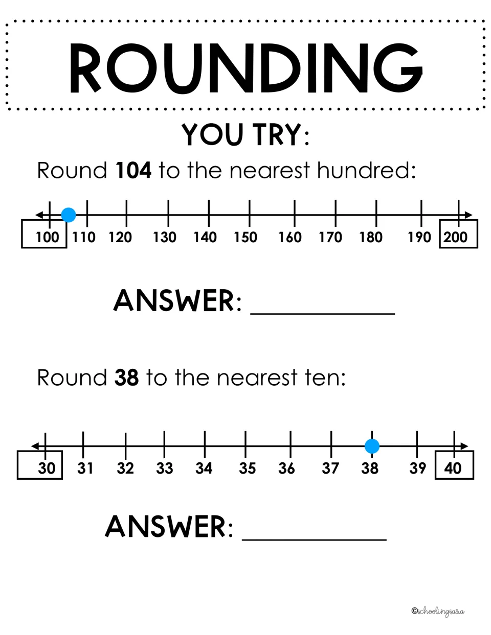 Rounding practice: students round 104 to the nearest hundred and 38 to the nearest ten using marked number lines