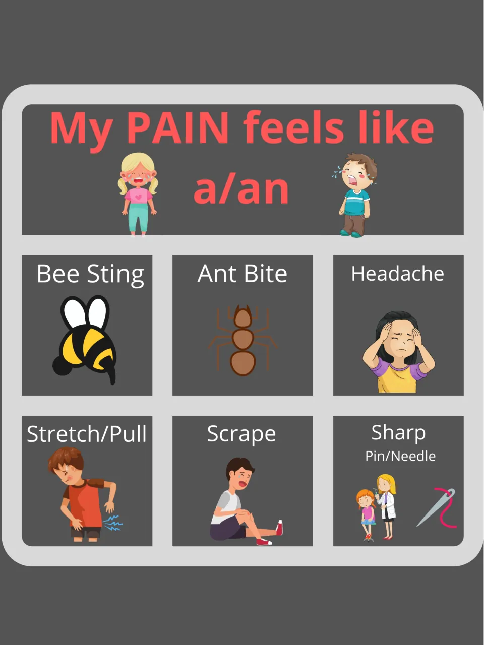 My PAIN feels like a/an chart: pictured choices bee sting, ant bite, headache, stretch/pull, scrape and sharp pin/needle