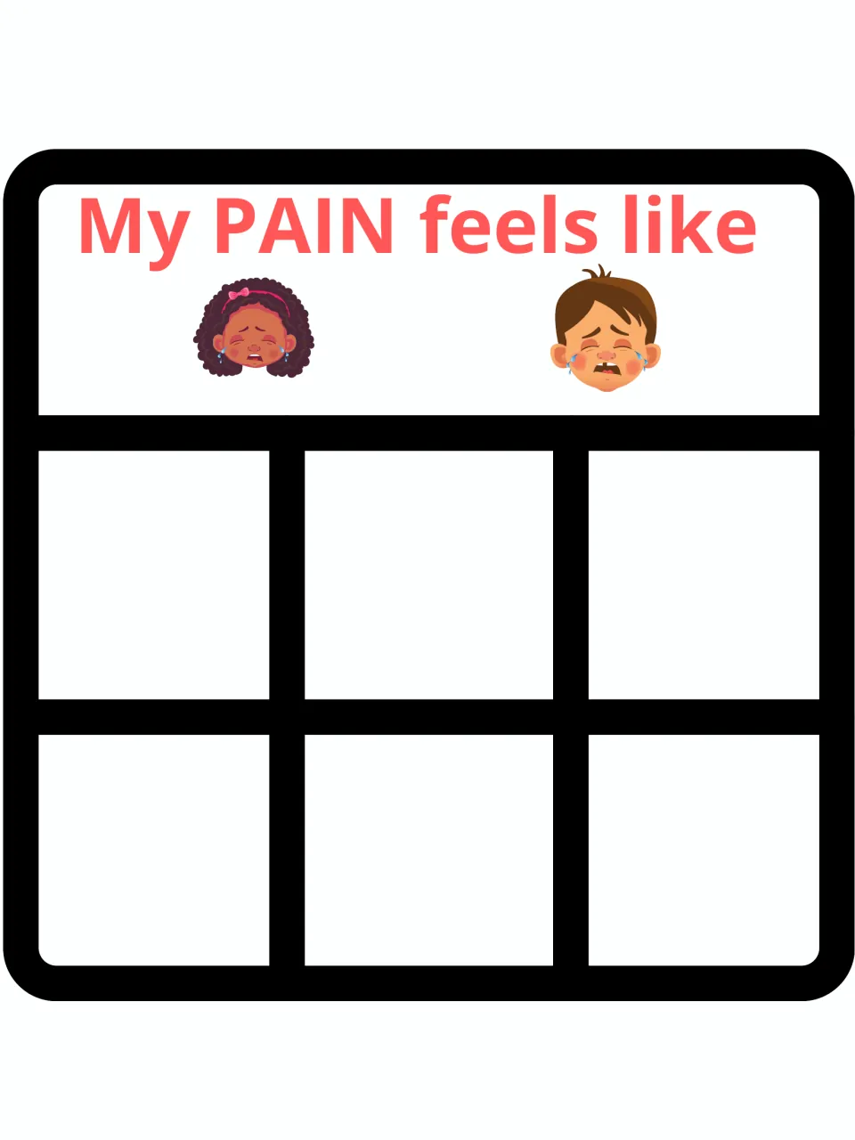 Blank My PAIN feels like chart with two crying faces and six empty spaces for adding a child's own pain words or pictures