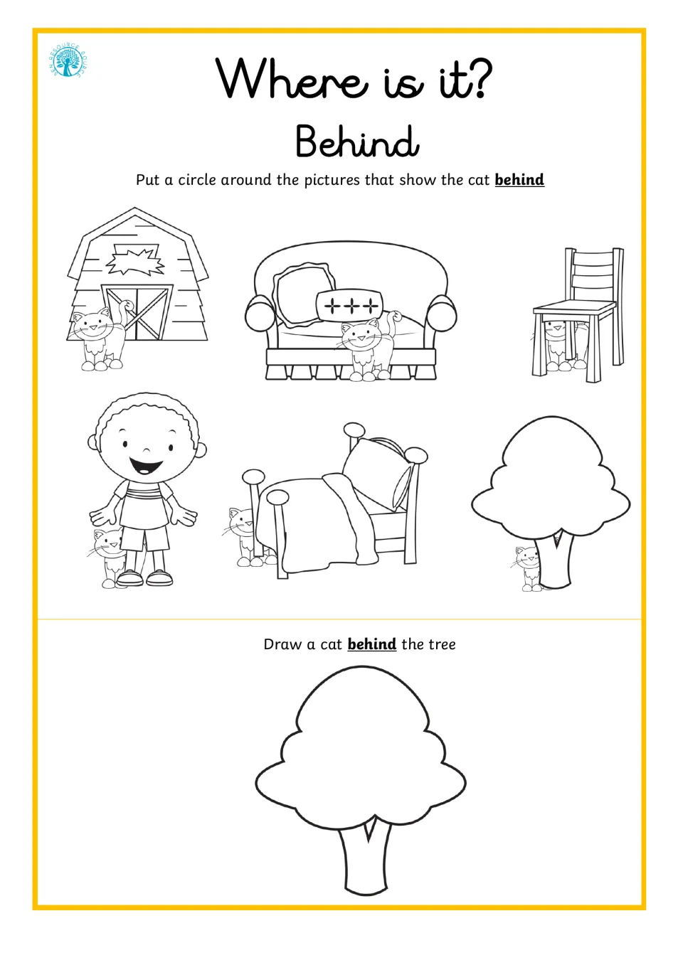 Position word behind: students circle each picture where the cat is behind an object, then draw a cat behind a tree