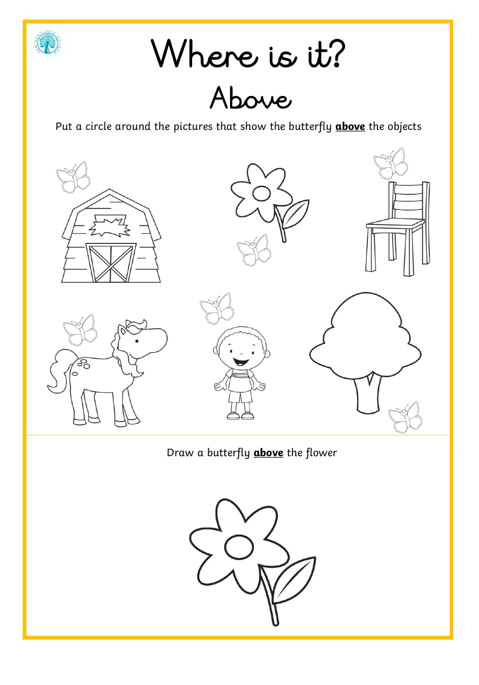 Position word above: students circle pictures of a butterfly above objects, then draw one above a flower