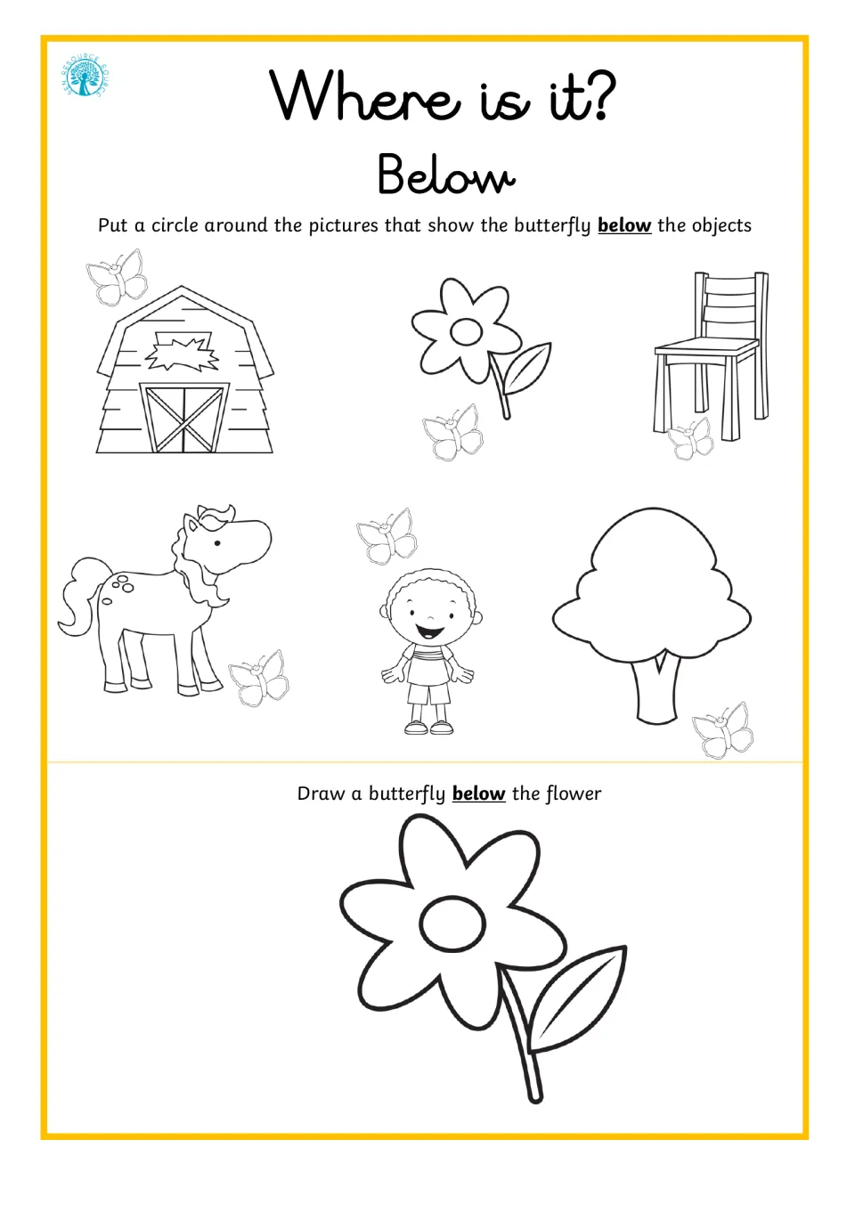 Position word below: students circle pictures of a butterfly below objects, then draw one below a flower