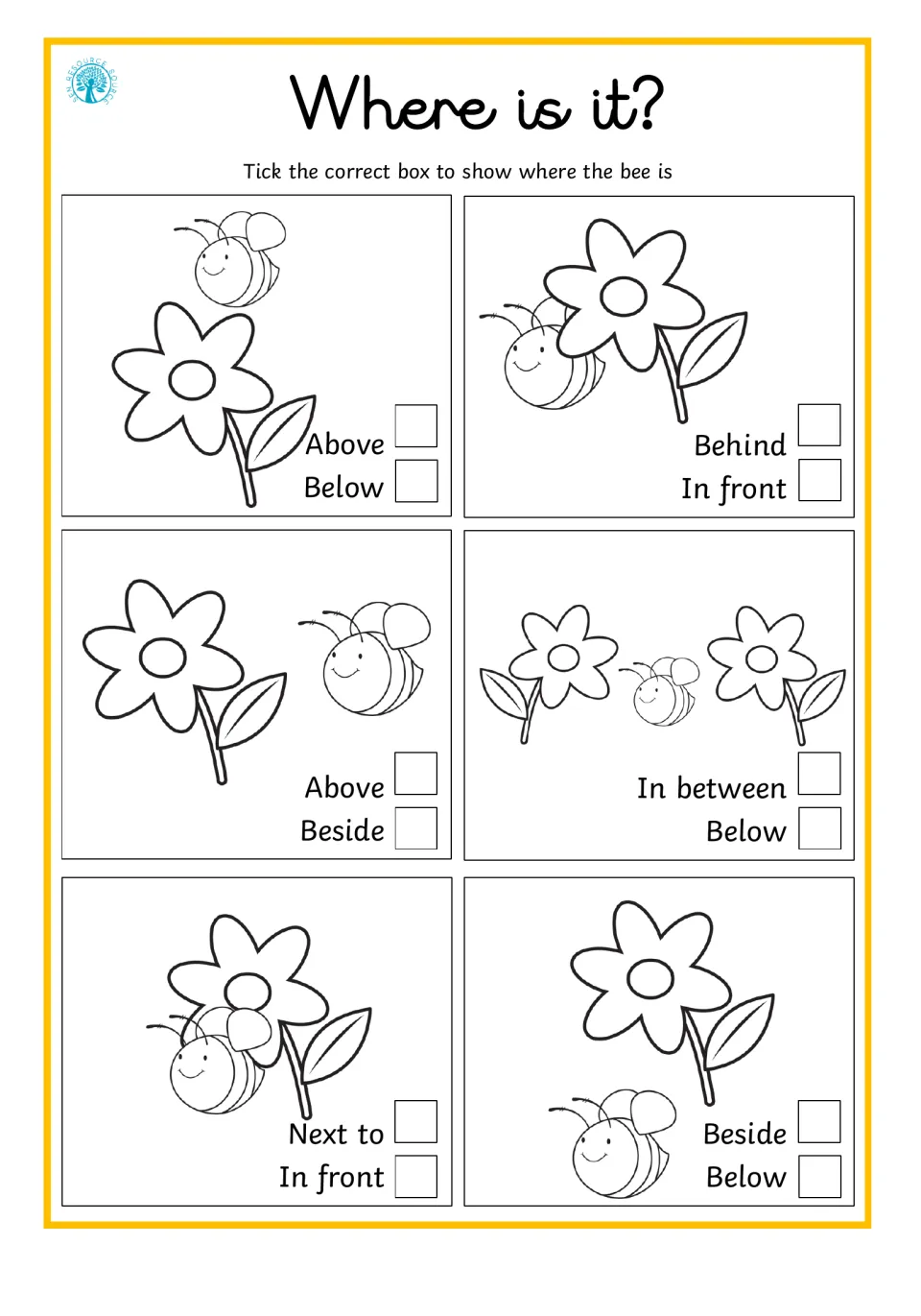 Position words review: students tick the word that shows where a bee is, choosing above, below, behind or in between