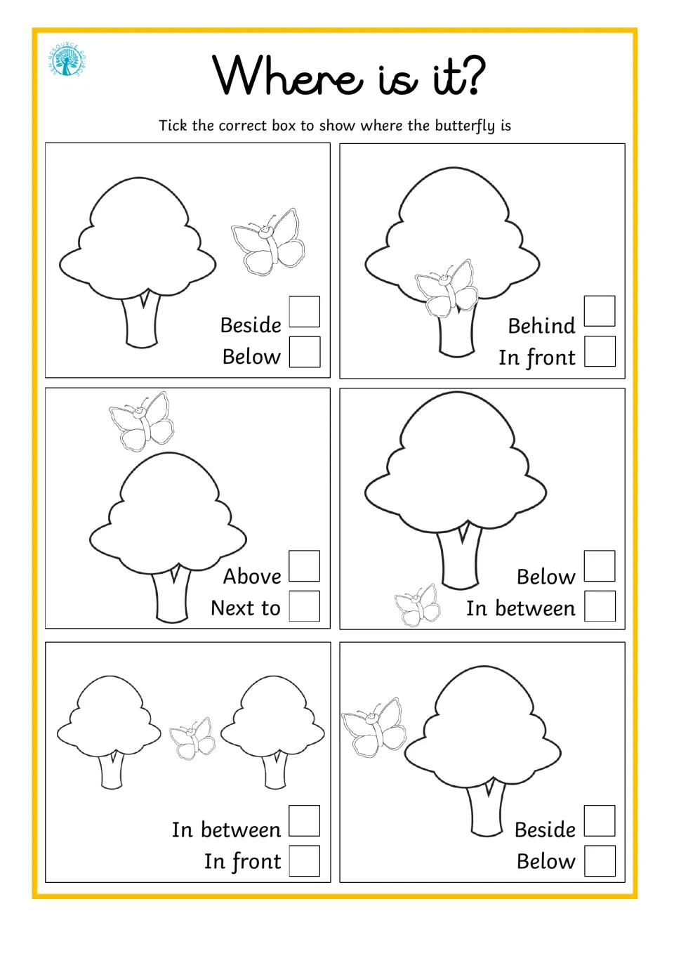 Position words practice: students tick the word showing where a butterfly is by a tree in six pictures