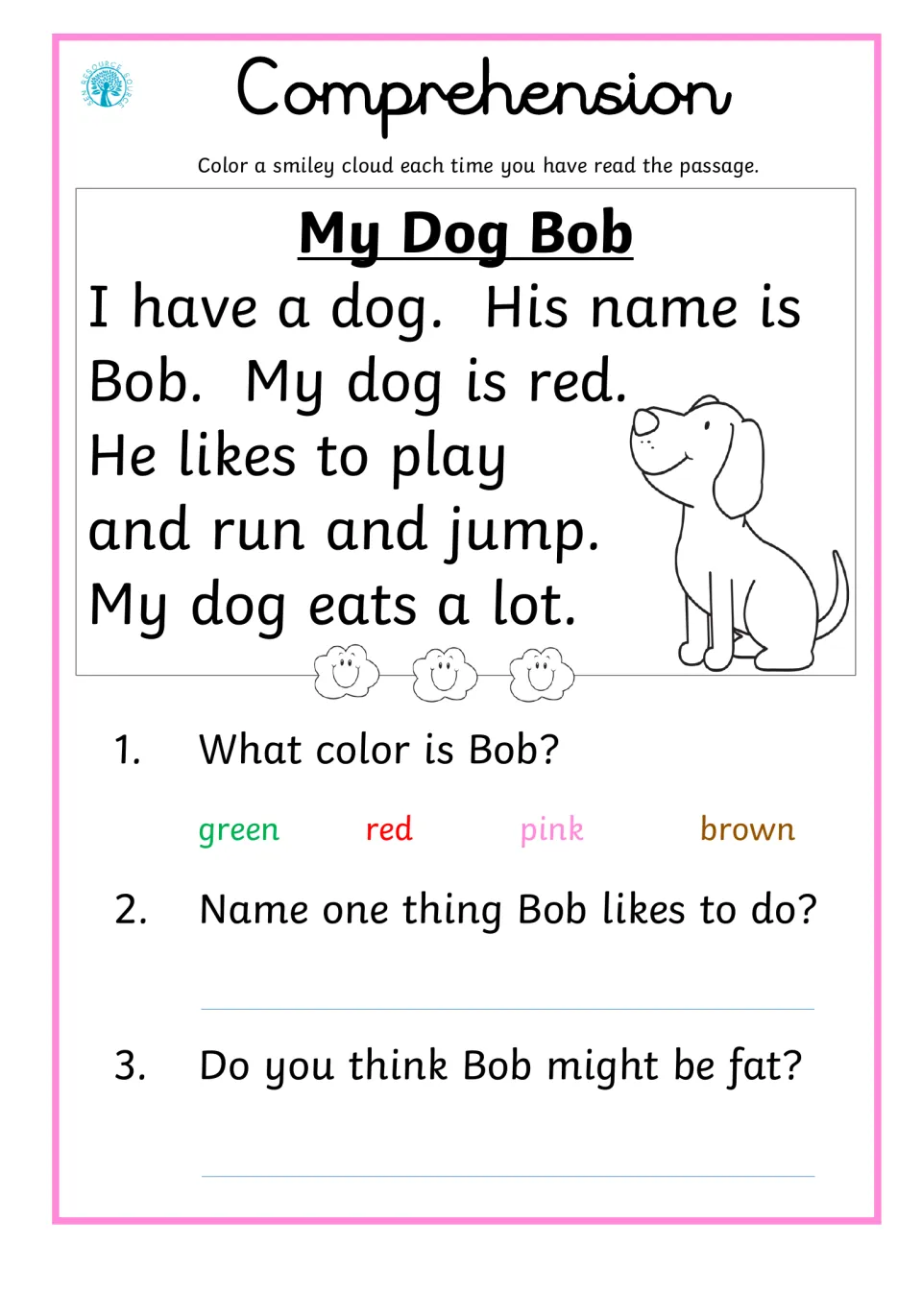 Reading comprehension 1, My Dog Bob: a red dog likes to play, run, and jump; three questions follow.