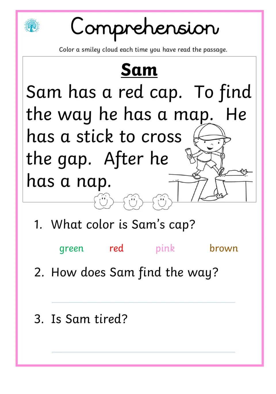 Reading comprehension 3, Sam: a boy has a red cap, uses a map and stick, and naps; three questions follow.