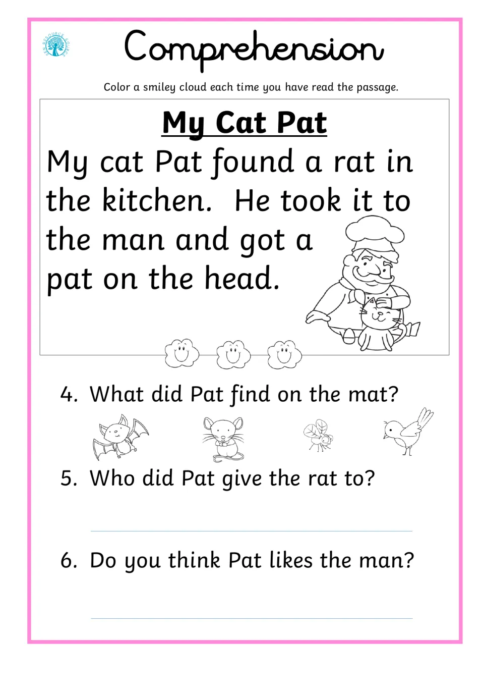 Reading comprehension 4, My Cat Pat: a cat brings a rat to a man and gets a pat; questions are numbered 4–6.