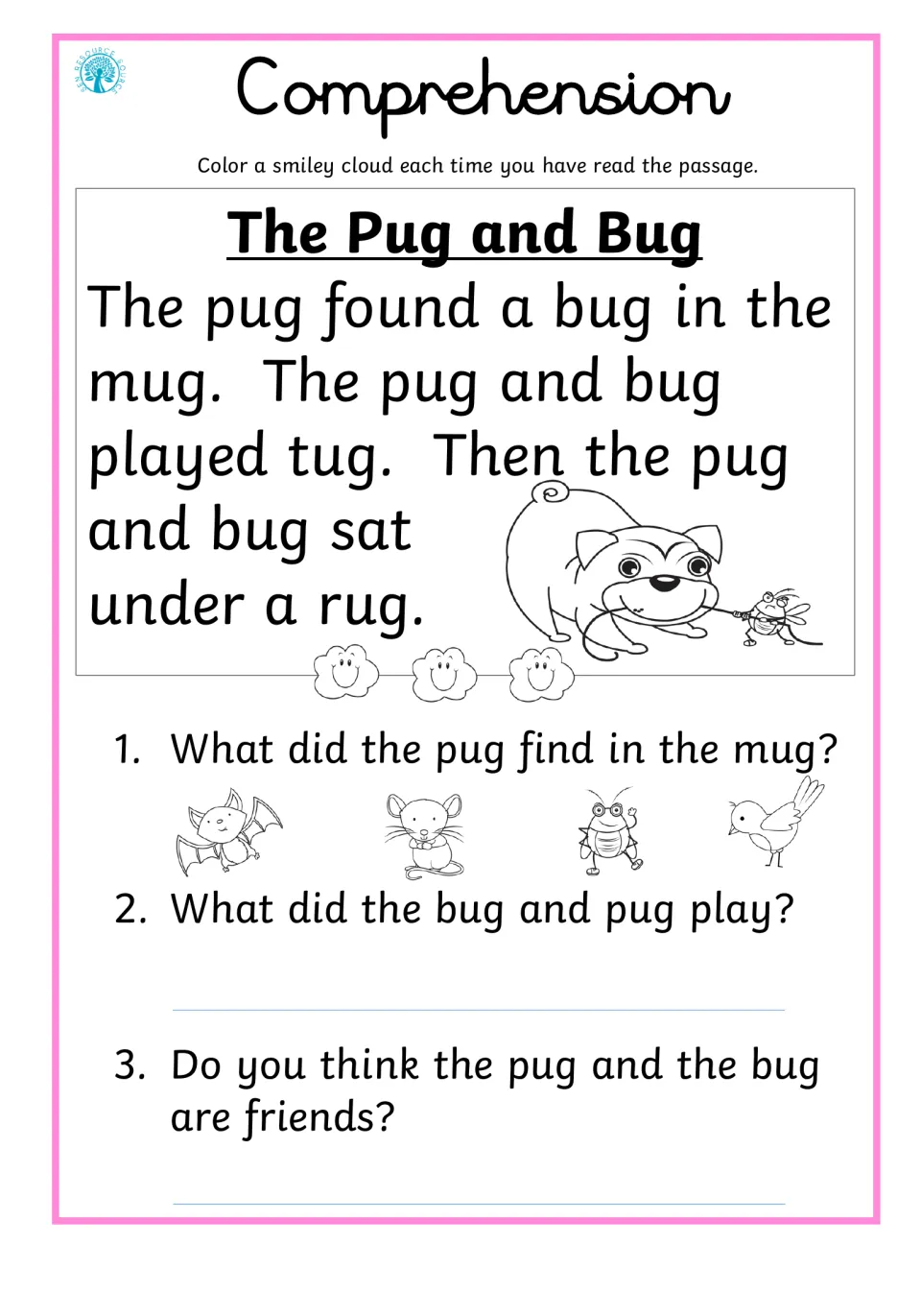Reading comprehension 5, The Pug and Bug: they play tug and sit under a rug; three questions follow.