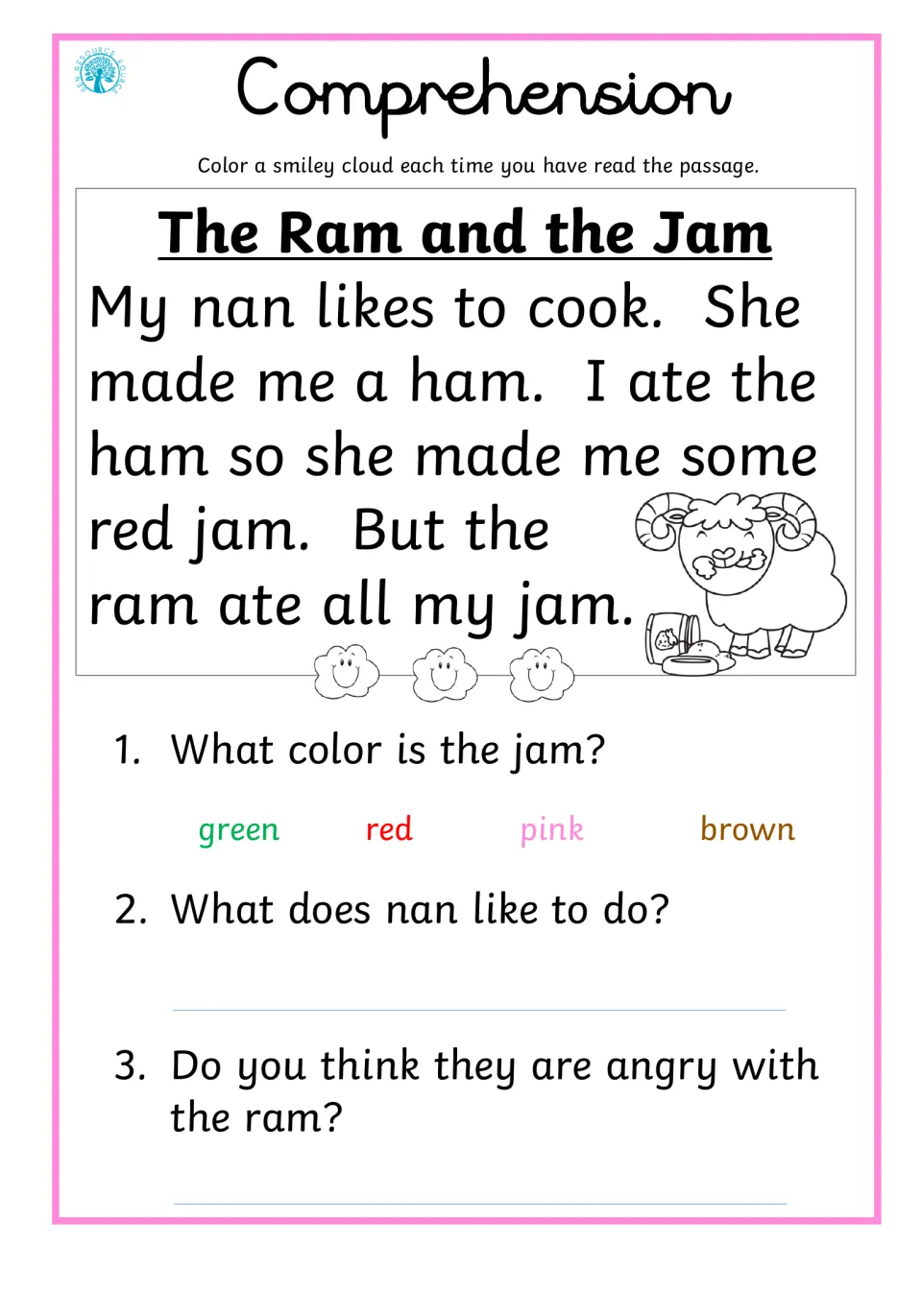 Reading comprehension 6, The Ram and the Jam: Nan makes ham and red jam, which a ram eats; three questions follow.