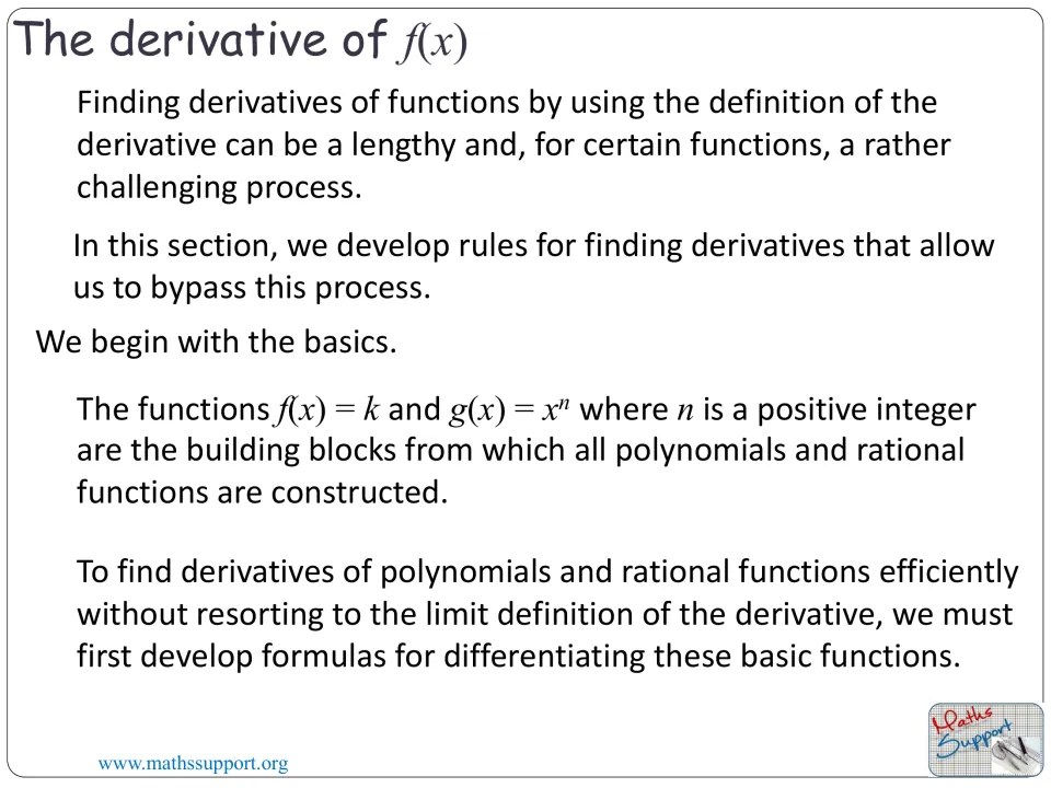 Lesson introduction explains why derivative rules help and identifies constant and power functions as basics.