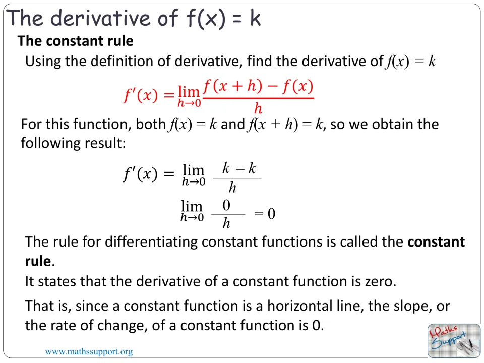 Constant rule derivation uses the limit definition to show that f(x) = k has derivative zero and slope zero.