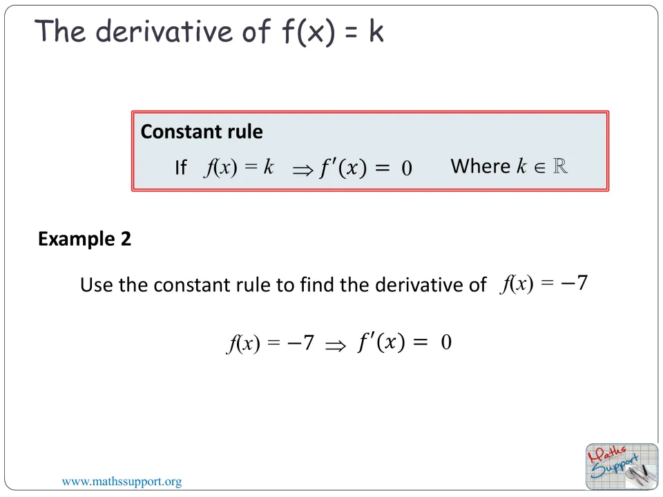 Constant rule lesson slide repeats the theorem and applies it to f(x) = -7 in worked Example 2, giving zero.