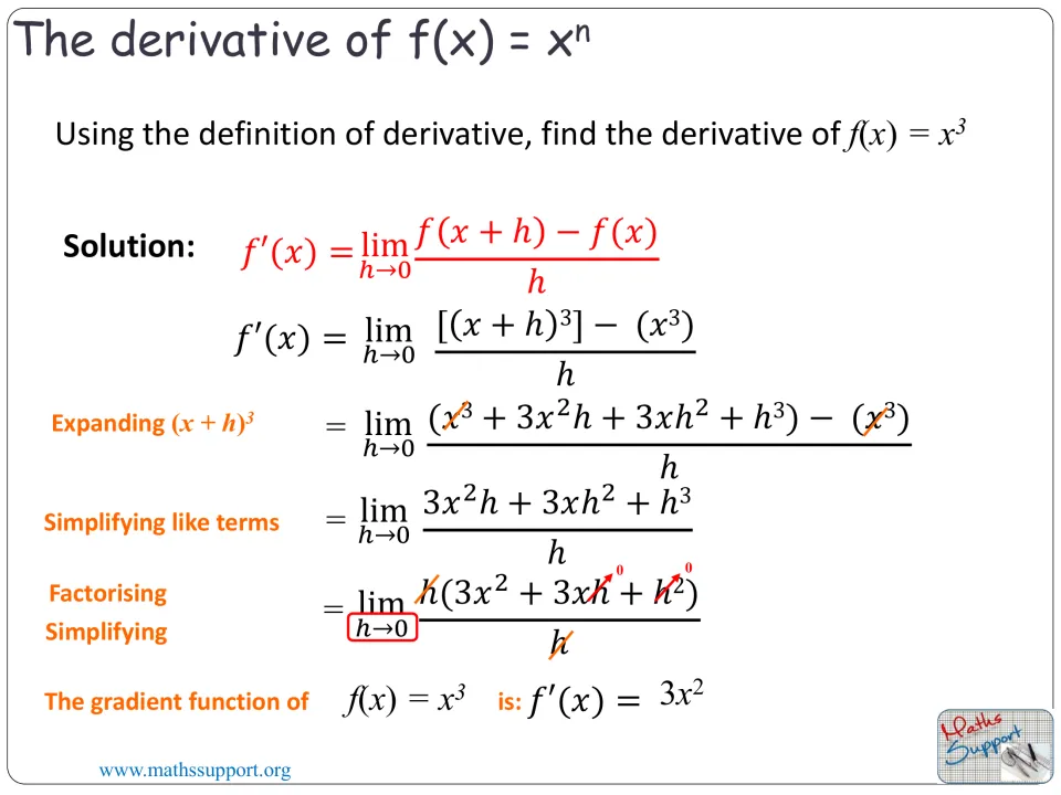 Power rule development derives the derivative of x cubed as 3x squared using expansion and a limit.