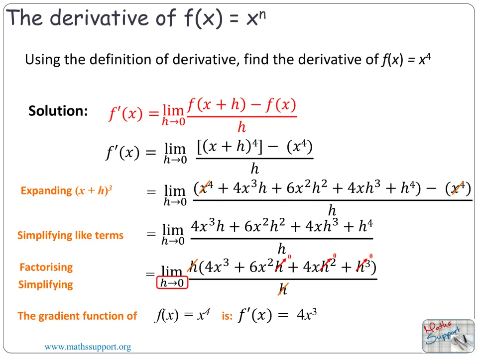 Power rule development derives the derivative of x to the fourth as 4x cubed using the limit definition.