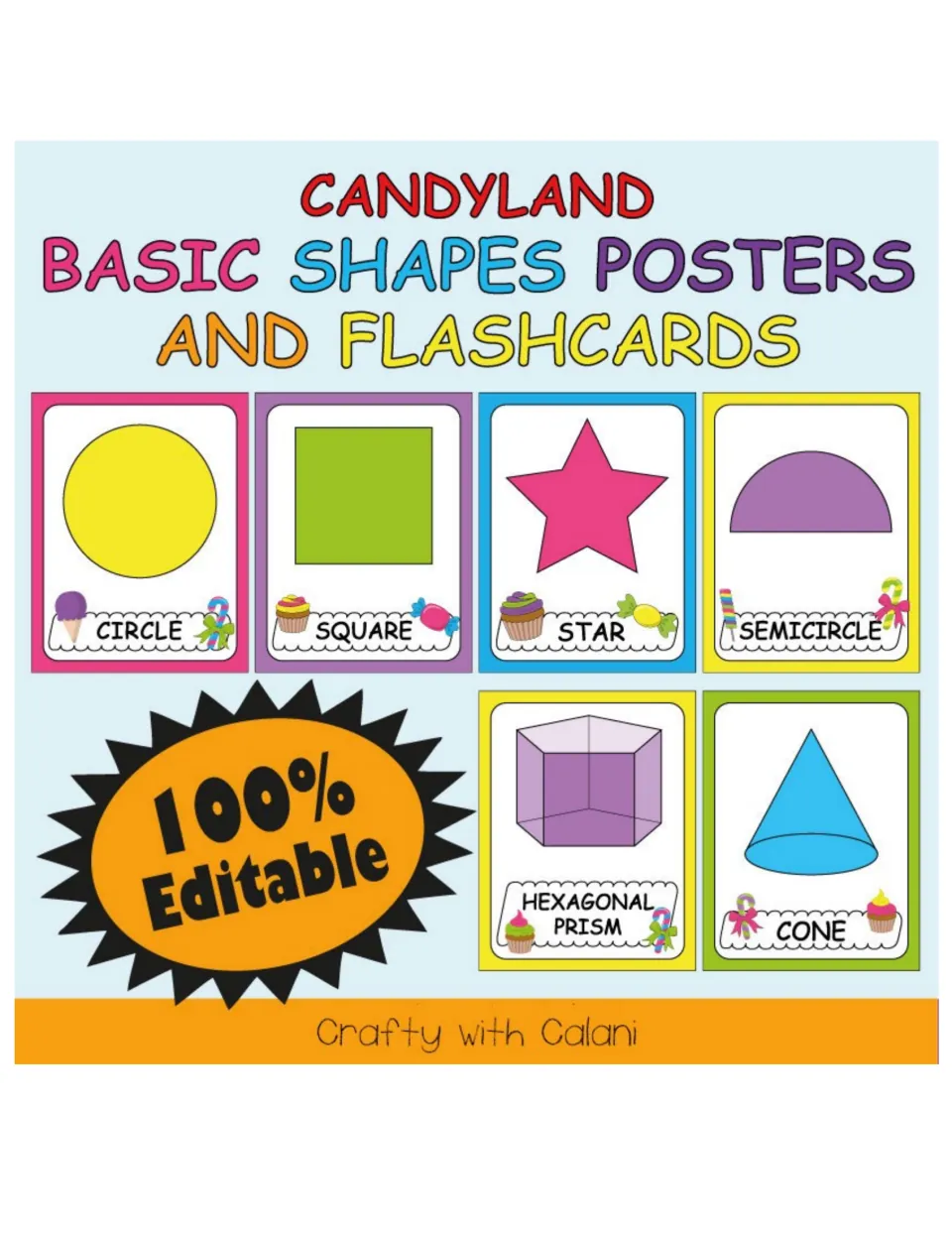 Cover for the candy-themed shape posters and flashcards, showing circle, square, star, and 3D shape samples