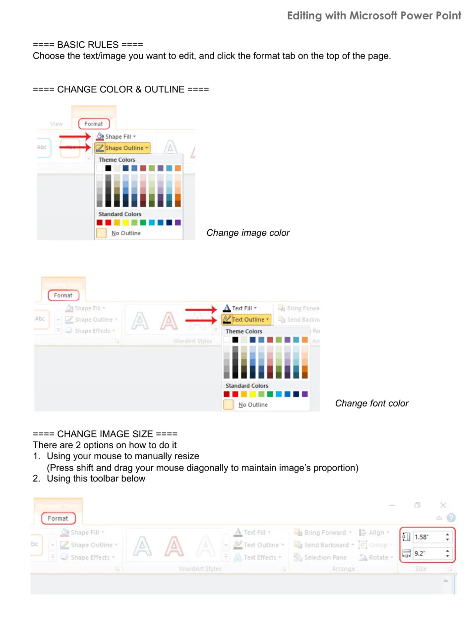 PowerPoint editing guide for the shape set, showing how to change colors, outlines, fonts, and image size