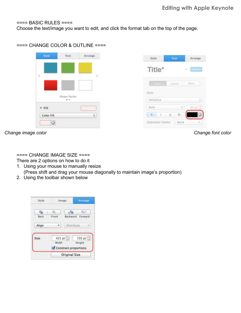Apple Keynote editing guide for the shape set, showing how to change image and font colors and image size