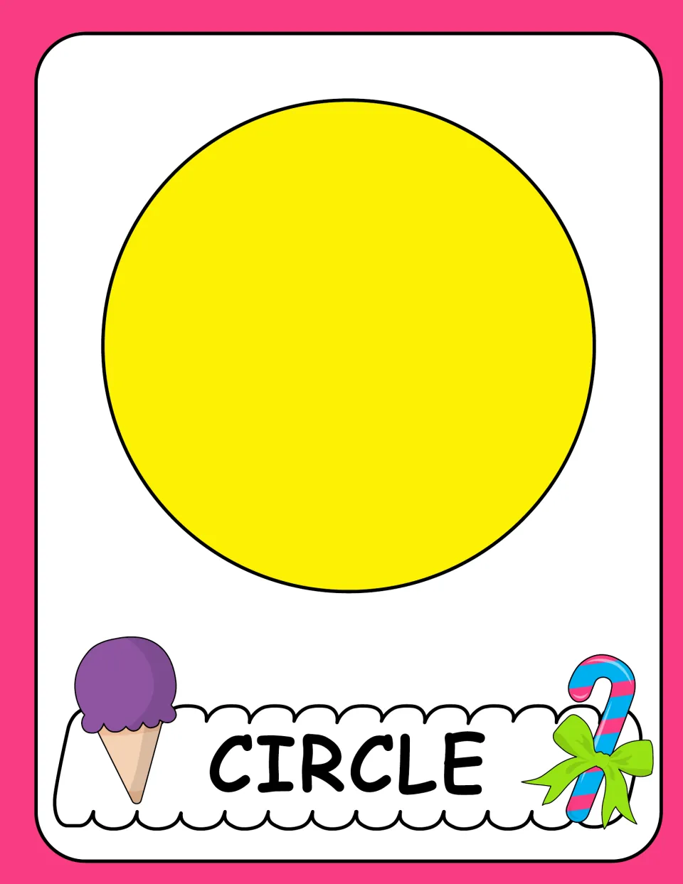 Circle poster in the candy-themed 2D shapes section, showing one large yellow circle labeled 'CIRCLE'