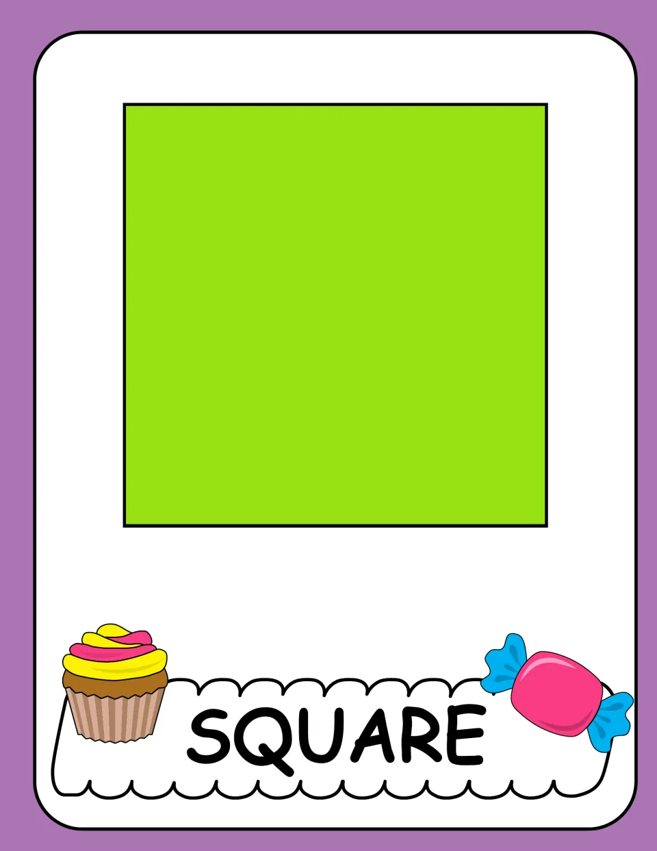 Square poster in the candy-themed 2D shapes section, showing one large green square labeled 'SQUARE'