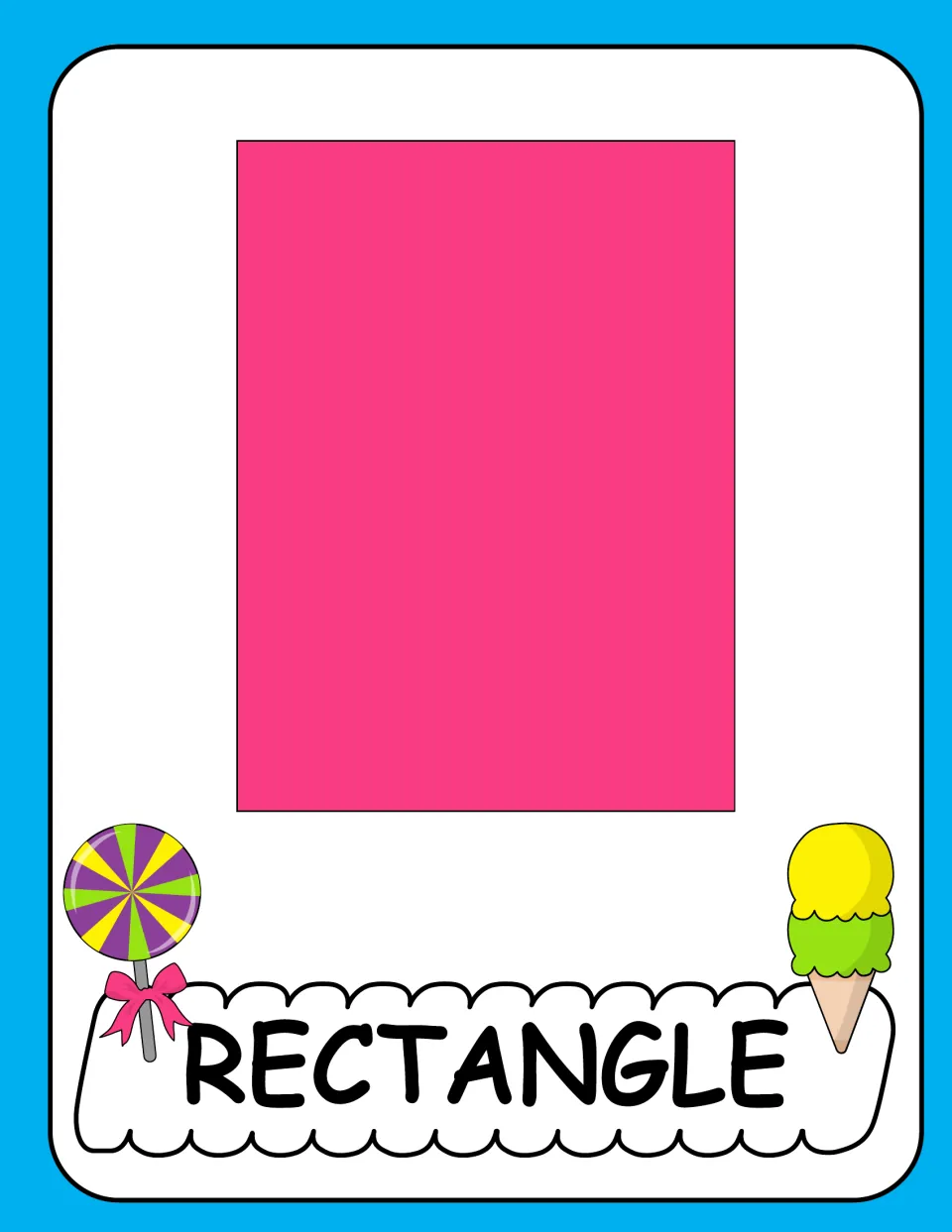 Rectangle poster in the candy-themed 2D shapes section, showing a tall pink rectangle labeled 'RECTANGLE'