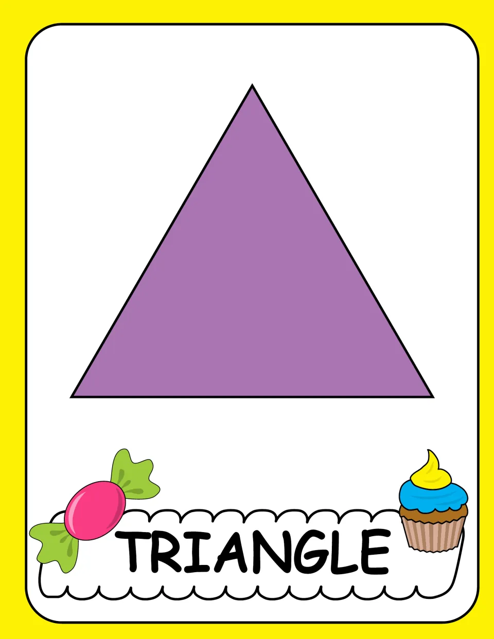 Triangle poster in the candy-themed 2D shapes section, showing a large purple triangle labeled 'TRIANGLE'
