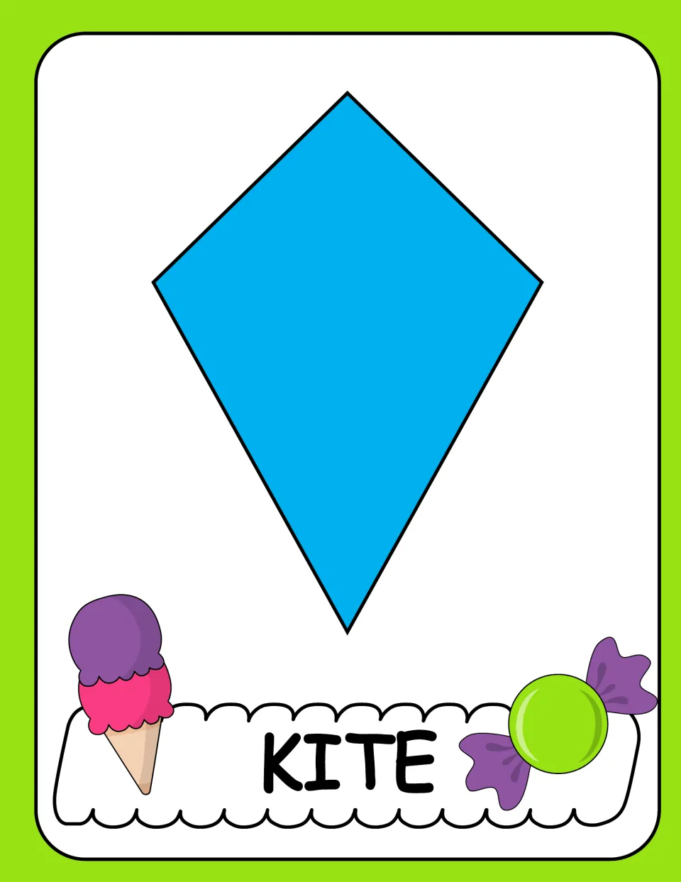 Kite poster in the candy-themed 2D shapes section, showing a blue four-sided shape labeled 'KITE'