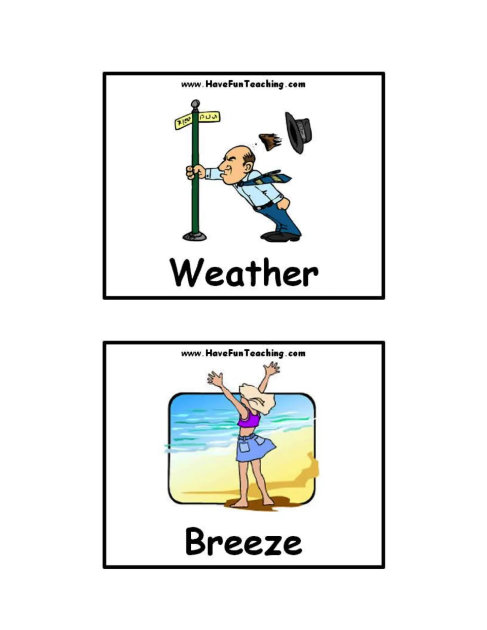 Weather vocabulary cards: Weather shows a man gripping a pole in wind; Breeze shows a girl on a beach with arms raised