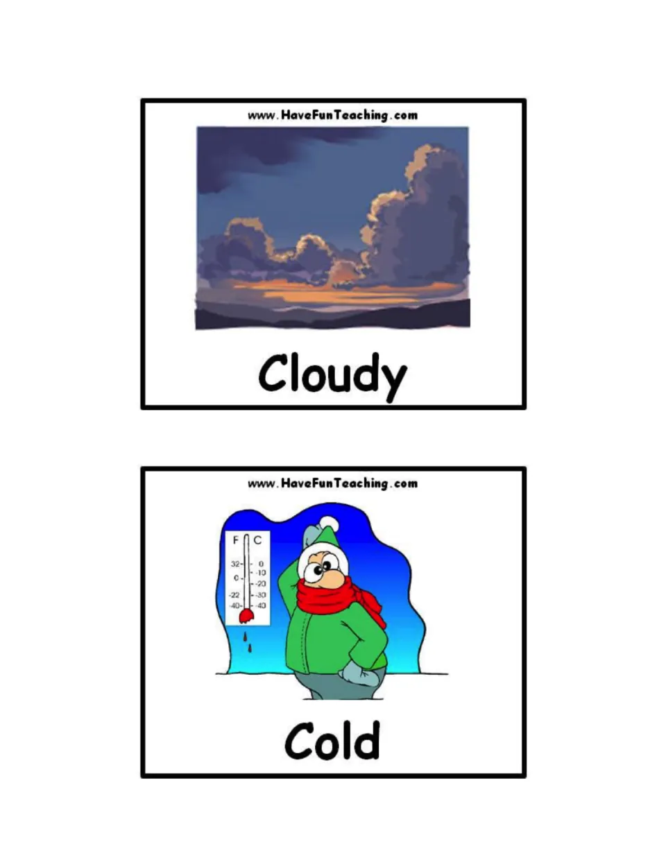 Weather word cards for Cloudy, showing dark clouds over hills, and Cold, showing a bundled man beside a low thermometer