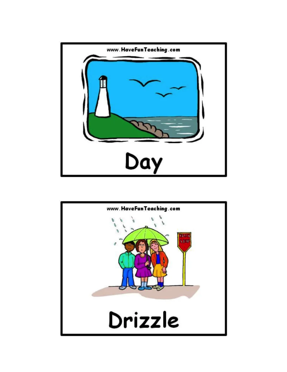 Weather word cards for Day, with a lighthouse under a blue sky, and Drizzle, with kids under an umbrella at a bus stop