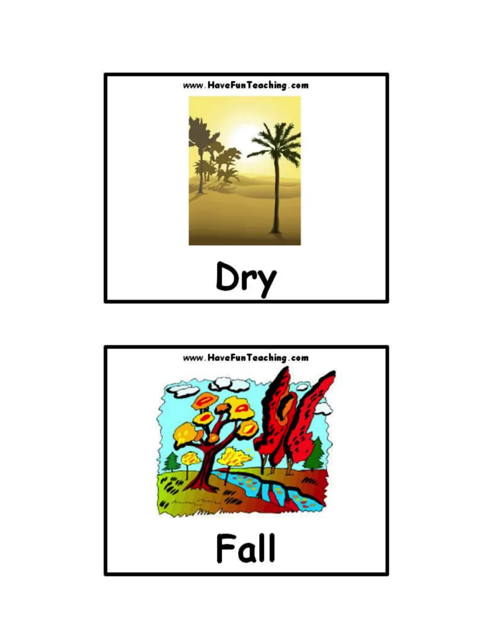 Weather and season cards: Dry pictures palm trees in desert dunes and Fall pictures red and orange trees beside a stream