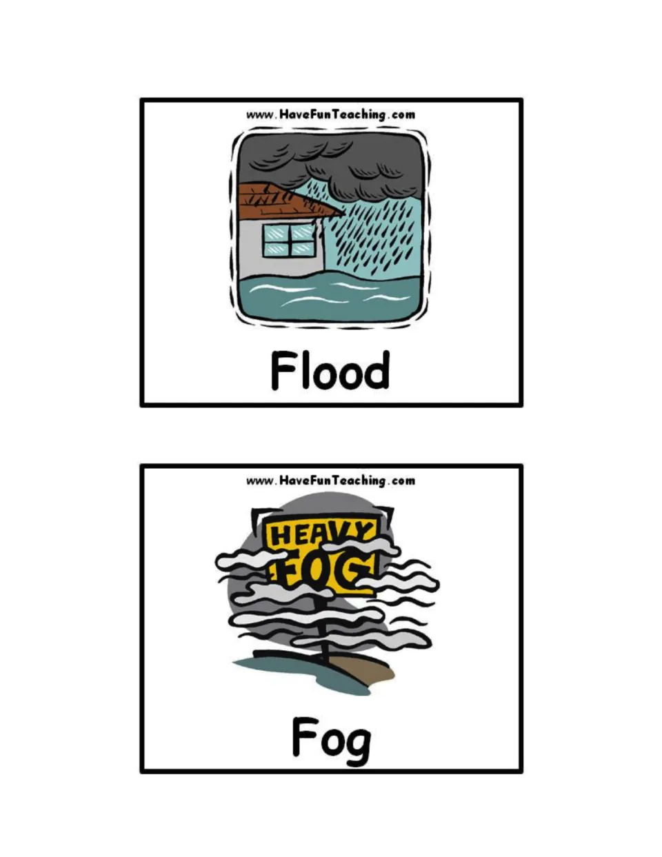 Weather hazard cards: Flood shows rain and rising water at a house; Fog shows a Heavy Fog sign hidden in gray mist