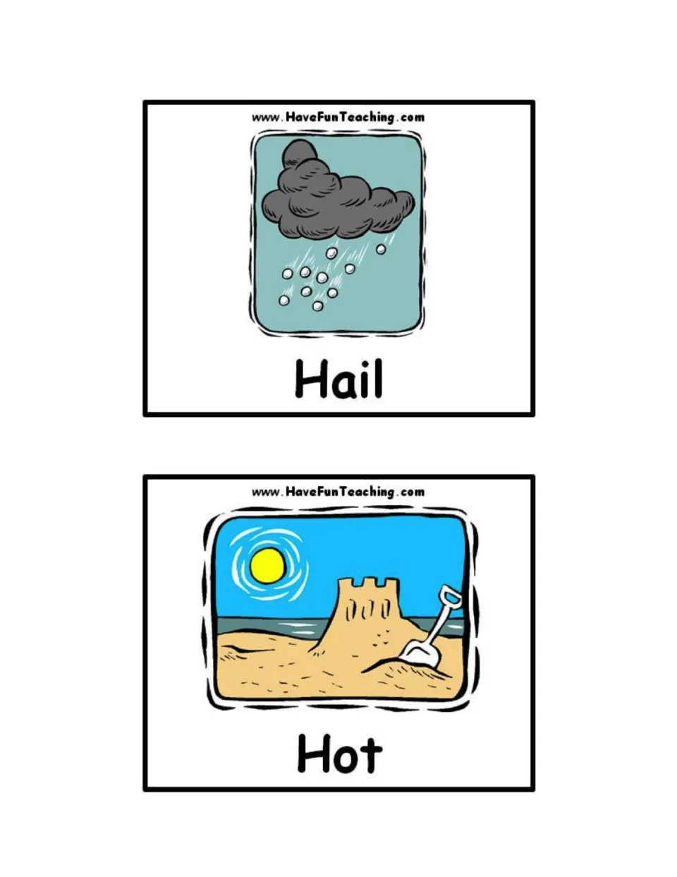 Weather word cards for Hail, with ice balls falling from a dark cloud, and Hot, with a sandcastle and shovel under a sun