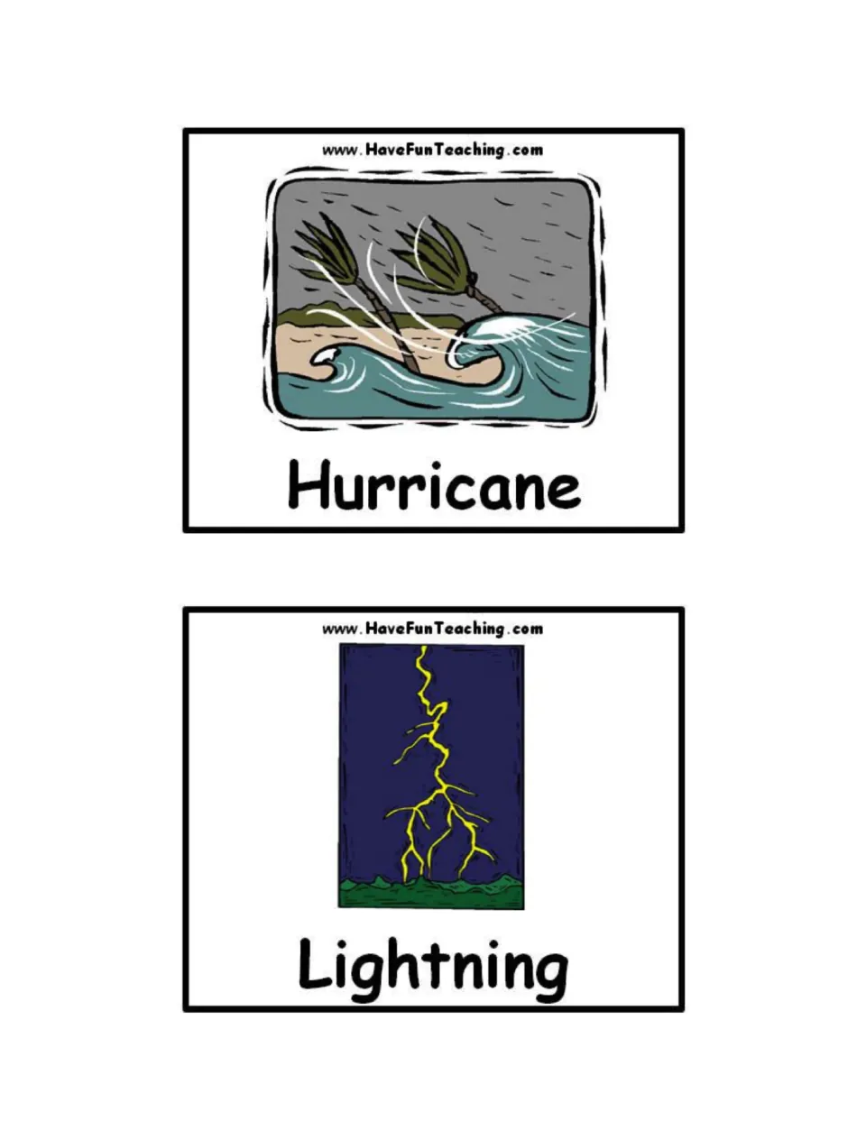 Storm vocabulary cards: Hurricane shows palm trees bending over crashing waves; Lightning shows a yellow bolt at night