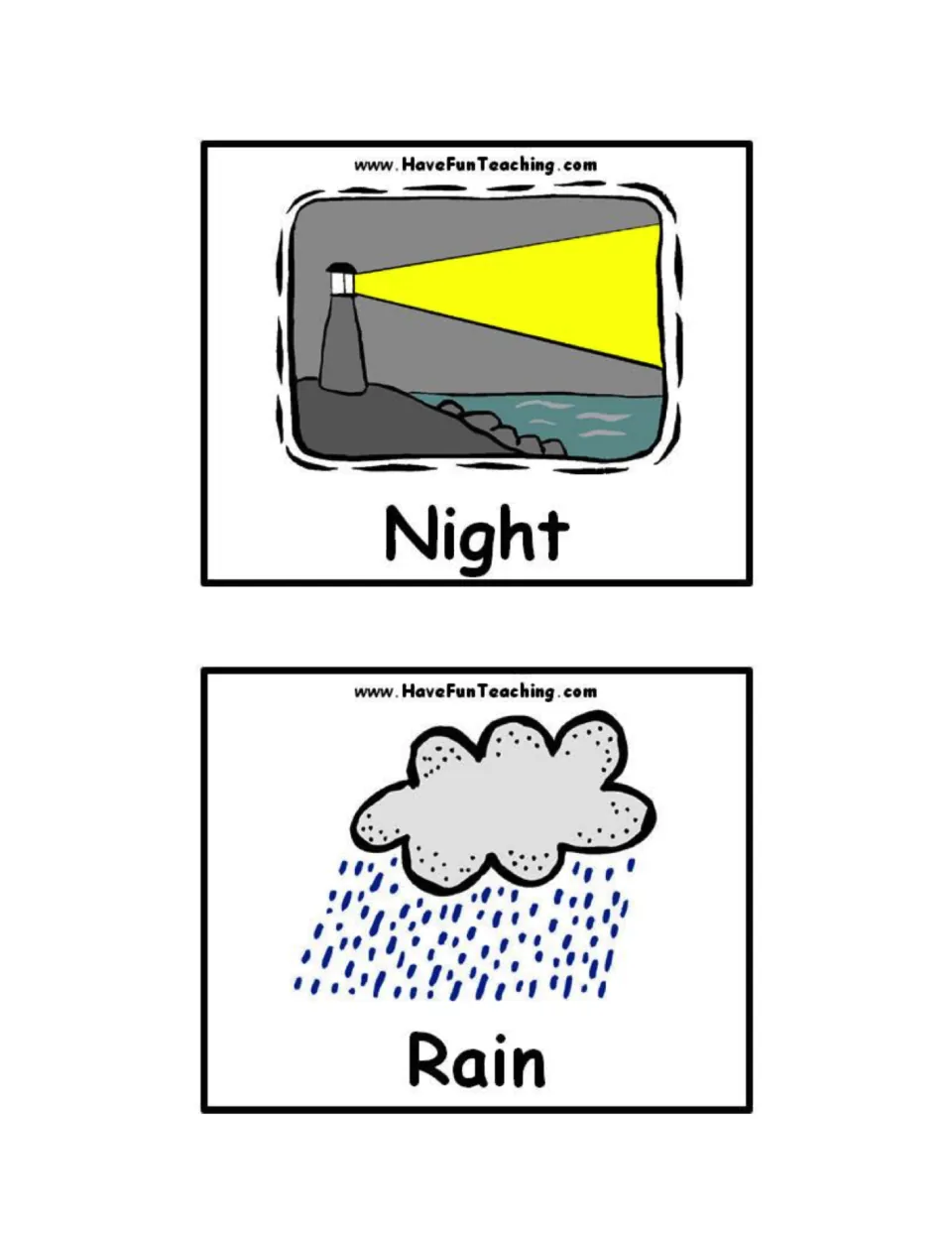 Weather word cards for Night, with a lighthouse beam across a gray sky, and Rain, with drops falling from a gray cloud