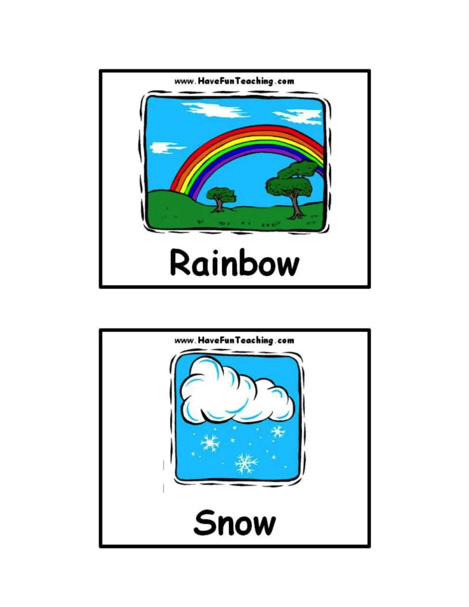Weather word cards for Rainbow, arching over green hills and trees, and Snow, with snowflakes falling from a white cloud