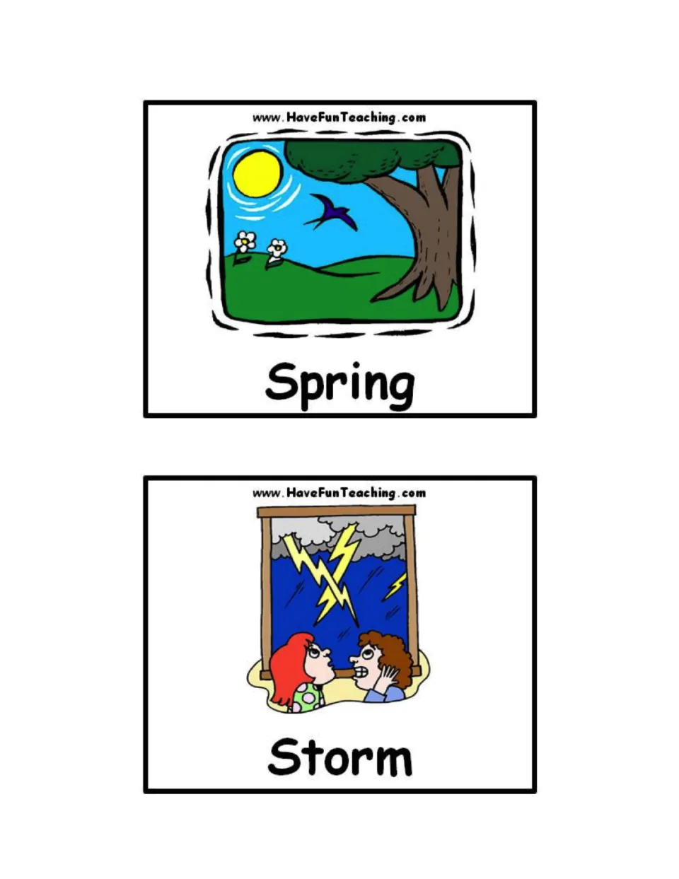 Season and storm cards: Spring shows flowers, a bird and sun; Storm shows two worried kids at a window with lightning