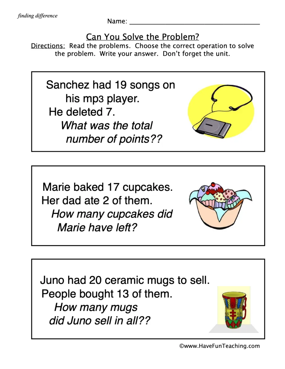 Subtraction practice: word problems about Sanchez's 19 songs, Marie's 17 cupcakes, and Juno's 20 mugs.