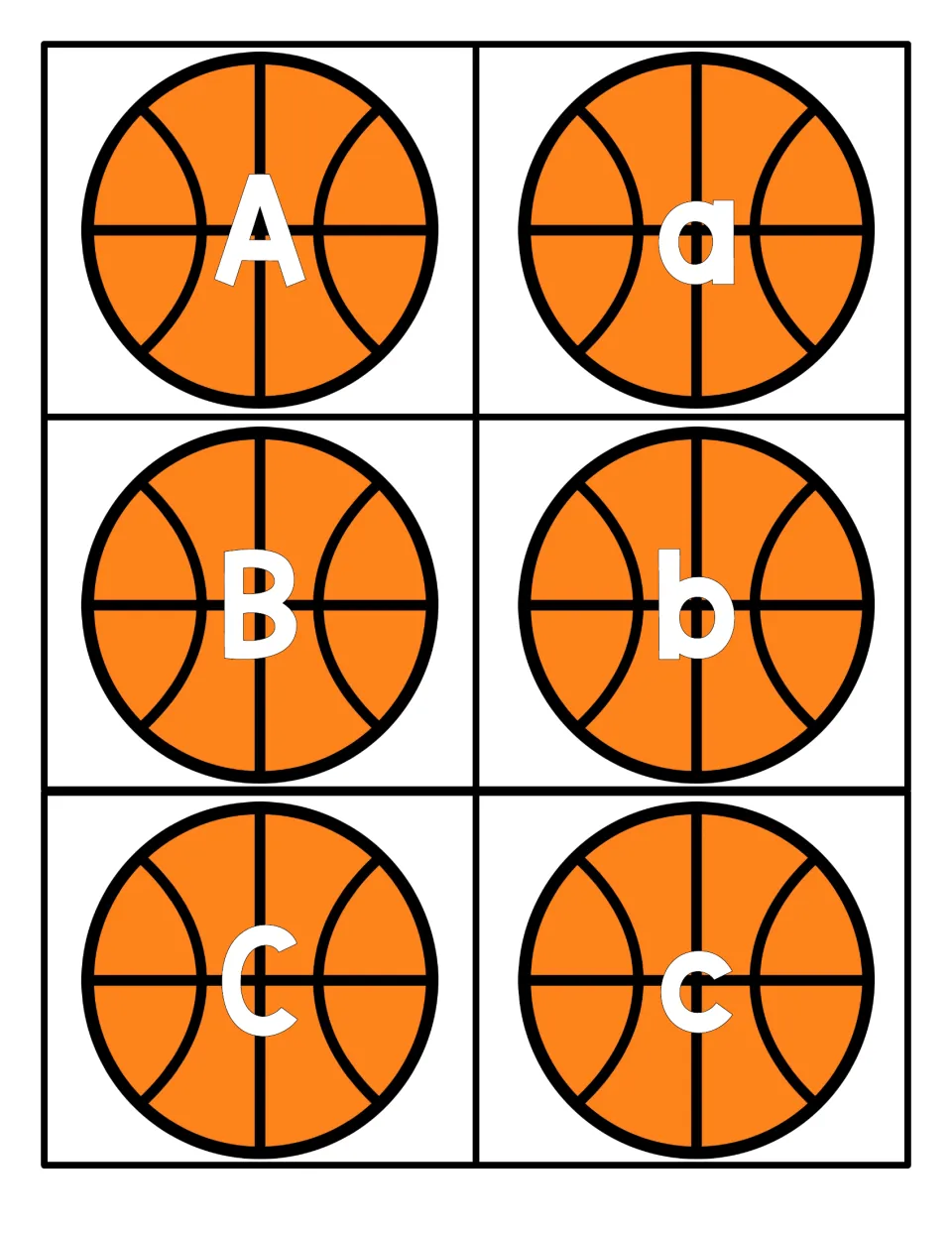 Letters A, B and C: six orange basketball cards, each uppercase letter paired with its lowercase match in white