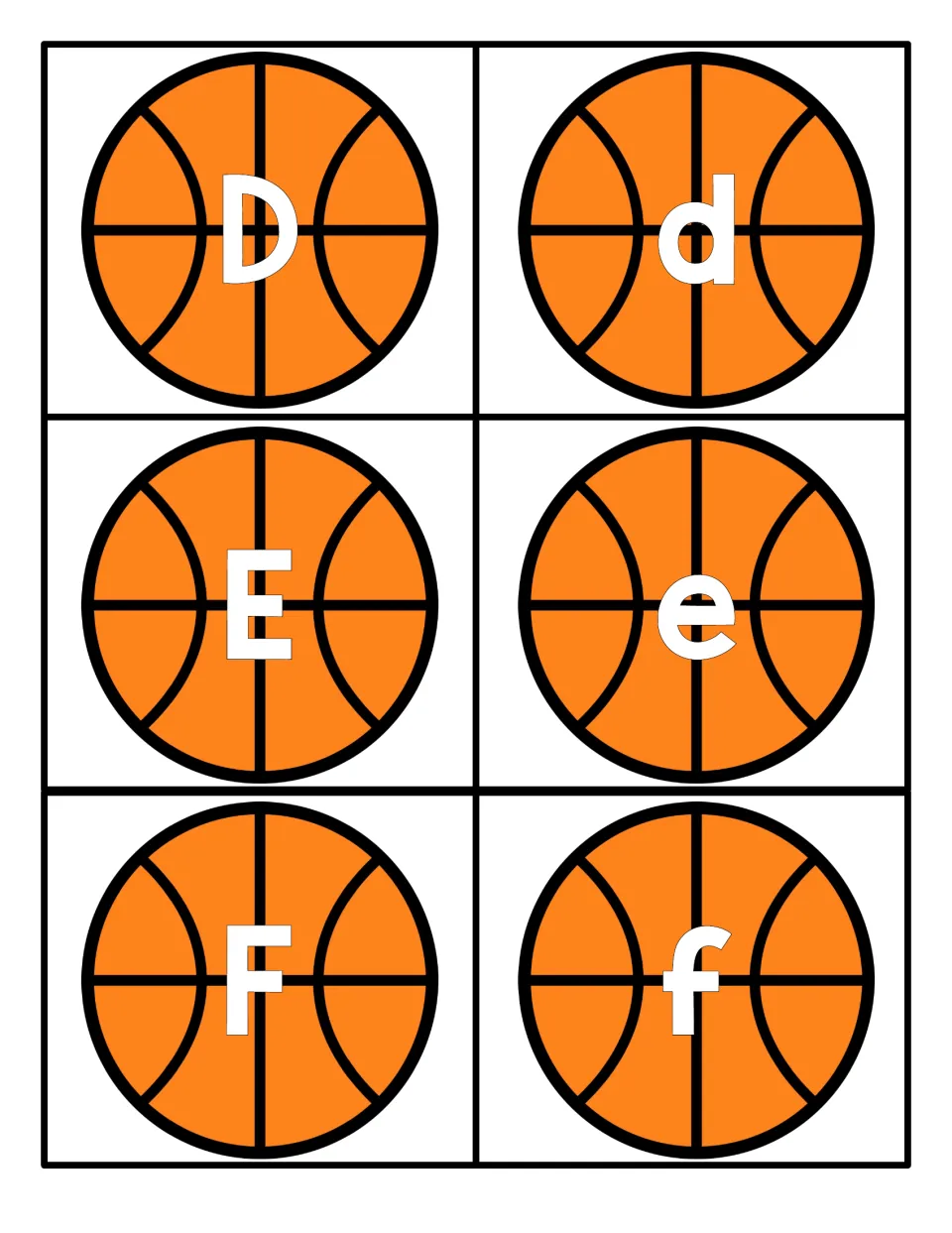 Letters D, E and F on basketball cards: capitals on the left, matching lowercase d, e and f on the right for pairing