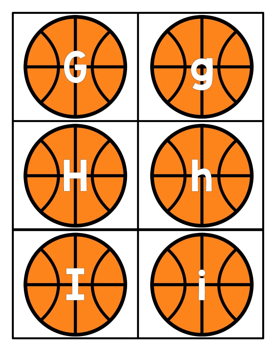 Letters G, H and I: basketball cards showing each capital beside its lowercase g, h or i for letter recognition