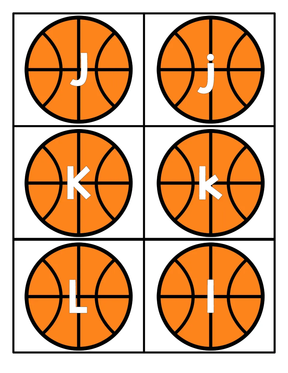 Letters J, K and L: orange basketballs printed with J, K, L and lowercase j, k, l for matching letter case