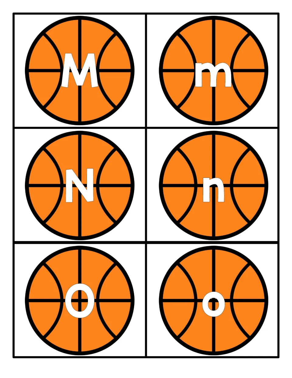 Letters M, N and O on basketballs: students pair each capital with lowercase m, n or o to practise letter matching